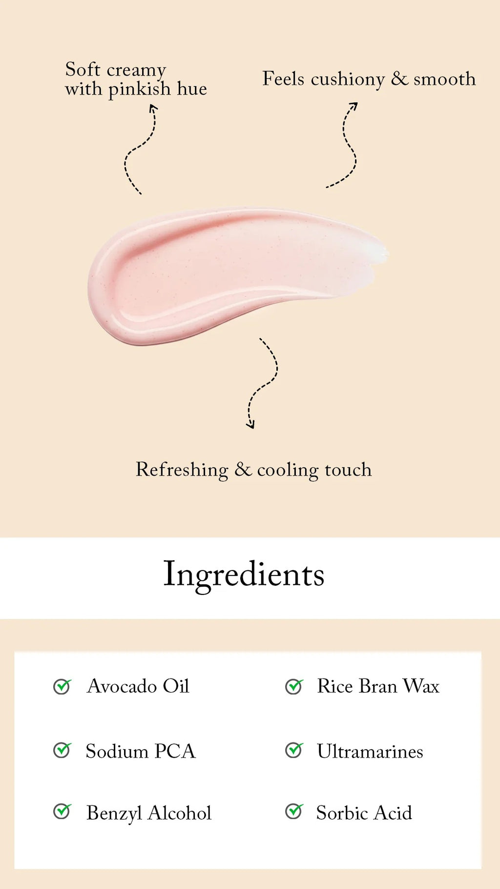 Blesso Hyaluronic Acid Booster - H Sensation Facial Foam (Facewash) information graphic showing a pale pink cream swatch with text describing its texture and scent, plus an ingredients list below on a beige and white background.