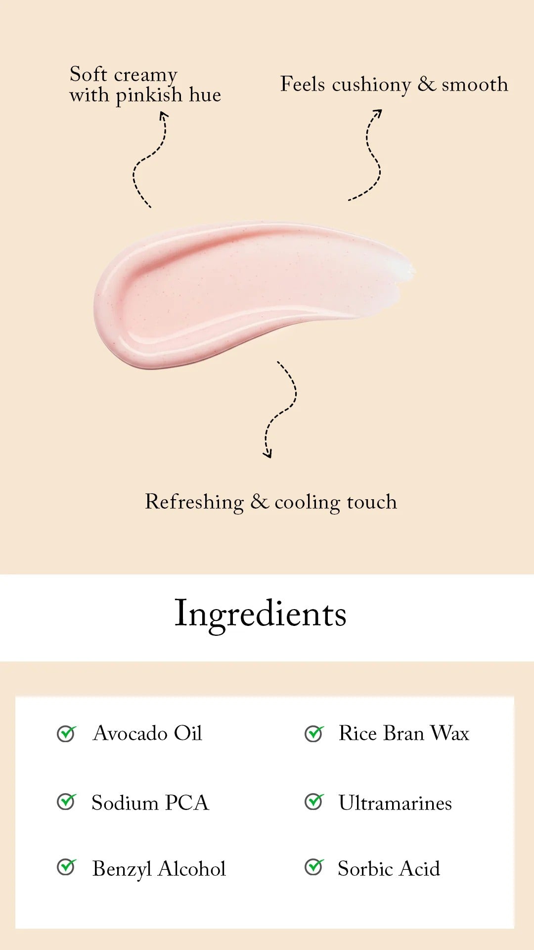 Blesso Hyaluronic Acid Booster - H Sensation Facial Foam (Facewash) information graphic showing a pale pink cream swatch with text describing its texture and scent, plus an ingredients list below on a beige and white background.