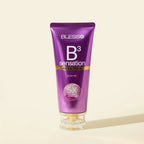 Blesso B3 Sensation Facial Foam in a metallic purple squeeze tube with a clear cap, set against a solid cream background.