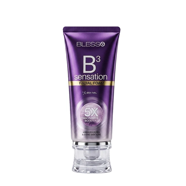 Blesso B³ Sensation Facial Foam in a purple squeeze tube with a clear cap, shown on a plain white background.