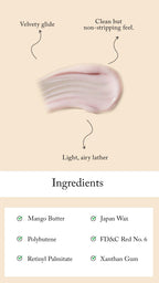 Blesso Niacinamide Booster - B3 Sensation Facial Foam (Facewash) information graphic showing a pale pink whipped cream or balm swatch with text callouts reading 'Velvetly glide,' 'Clean but non-stripping feel,' and 'Light, airy lather.' Below, an 'Ingredients' section lists Mango Butter, Japan Wax, Polybutene, FD&C Red No.