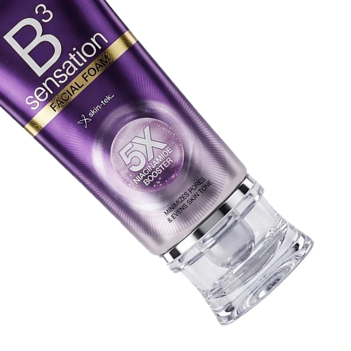 B3 Sensation facial foam bottle with purple and clear design on a white background