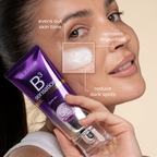 A woman holds a purple Blesso B3 Sensation niacinamide facewash tube next to her face, with text callouts explaining skin benefits. The tube is purple with white and gold lettering, and the woman's face is shown in a close-up against a light beige background.