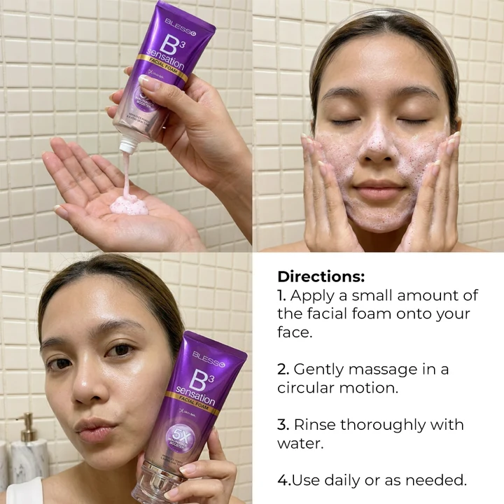 Person applying facial foam with a purple tube labeled 'B3 Sensation' in a bathroom setting.