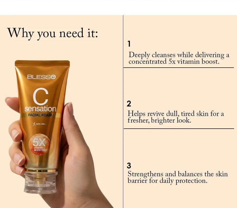 A hand holding a gold tube of Blesso C Sensation Facial Foam against a beige background with text listing benefits: deeply cleanses with 5x vitamin boost, revives dull/tired skin, and strengthens skin barrier.