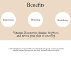 A beige and white promotional graphic titled 'Benefits' with three white circles labeled 'Brightening,' 'Hydrating,' and 'Revitalizing,' plus text describing a vitamin booster face wash.