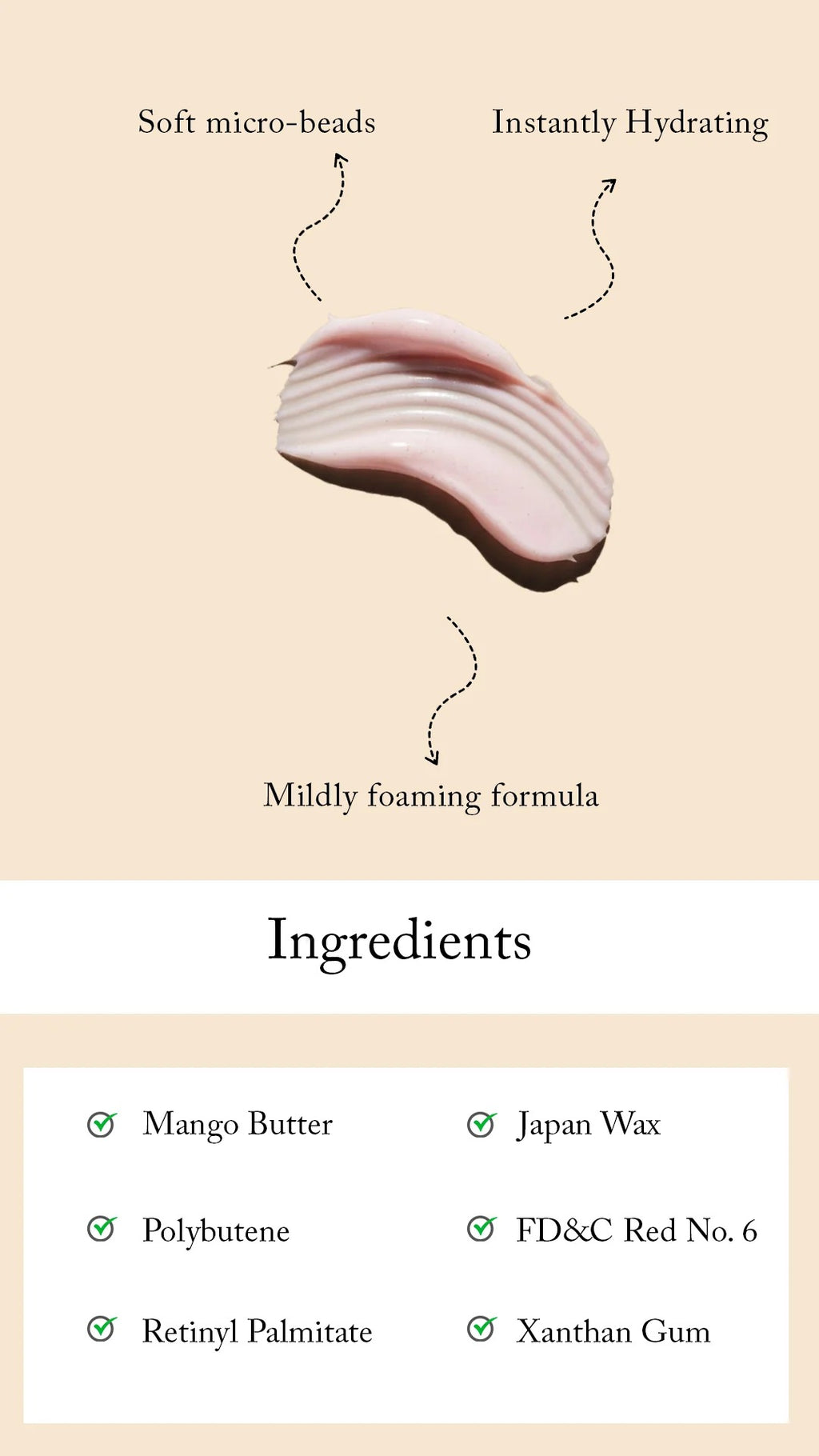 An informational Blesso Pigmentation Removing- C Sensation Facial Foam (Facewash) product graphic showing a small cosmetic item with arrows labeling soft micro-beads, instantly hydrating properties, and mildly foaming formula, plus an ingredients section listing mango butter, polybutene, retinyl palmitate, FD&C Red No. 6, xanthan gum, and japan wax on a beige background.
