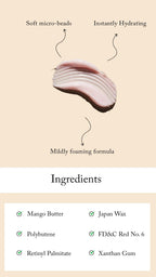 An informational Blesso Pigmentation Removing- C Sensation Facial Foam (Facewash) product graphic showing a small cosmetic item with arrows labeling soft micro-beads, instantly hydrating properties, and mildly foaming formula, plus an ingredients section listing mango butter, polybutene, retinyl palmitate, FD&C Red No. 6, xanthan gum, and japan wax on a beige background.