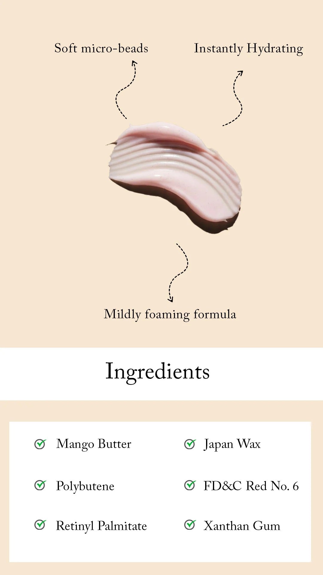 An informational Blesso Pigmentation Removing- C Sensation Facial Foam (Facewash) product graphic showing a small cosmetic item with arrows labeling soft micro-beads, instantly hydrating properties, and mildly foaming formula, plus an ingredients section listing mango butter, polybutene, retinyl palmitate, FD&C Red No. 6, xanthan gum, and japan wax on a beige background.