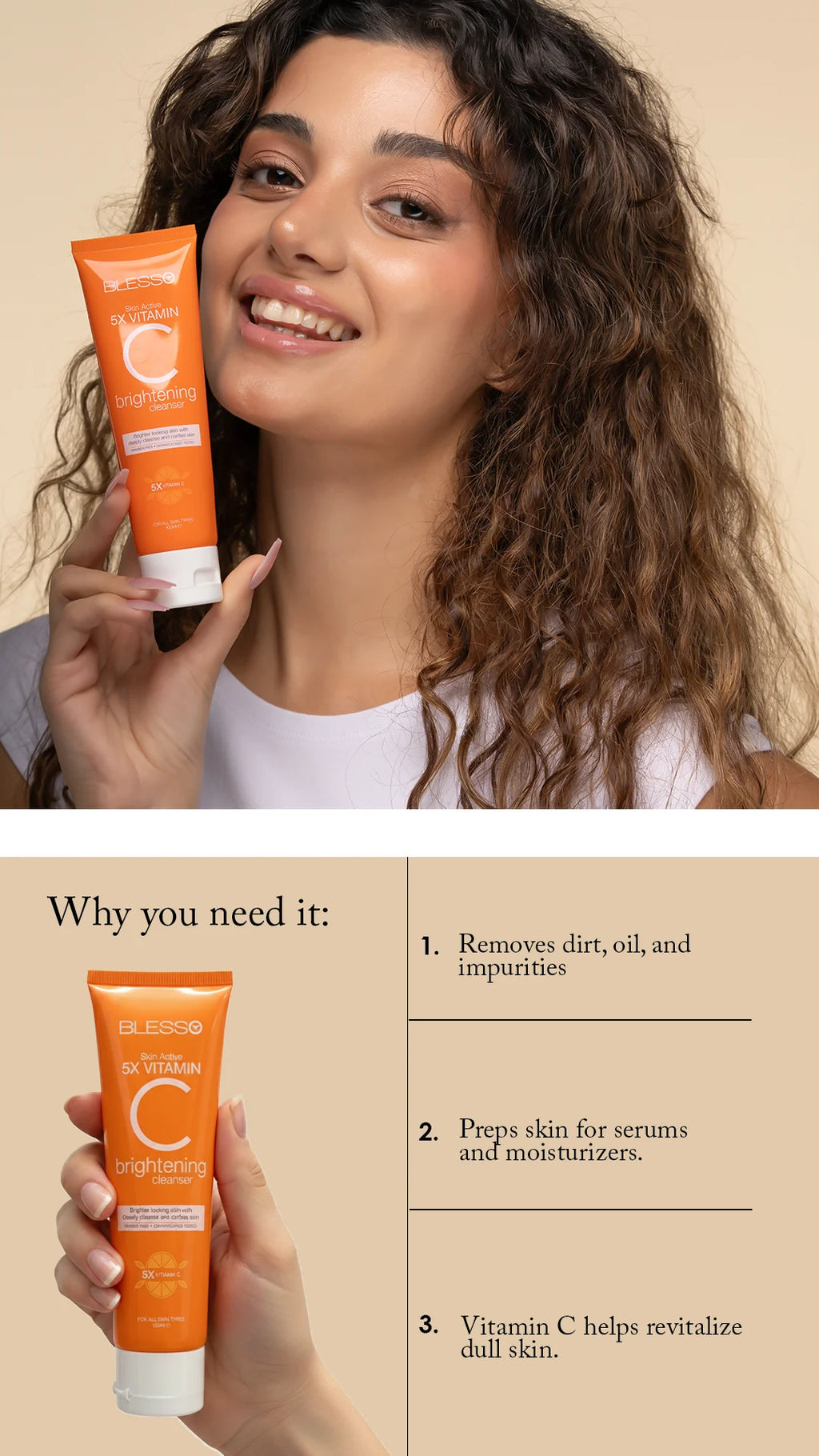 Woman holding a tube of Blesso product with text explaining its benefits.