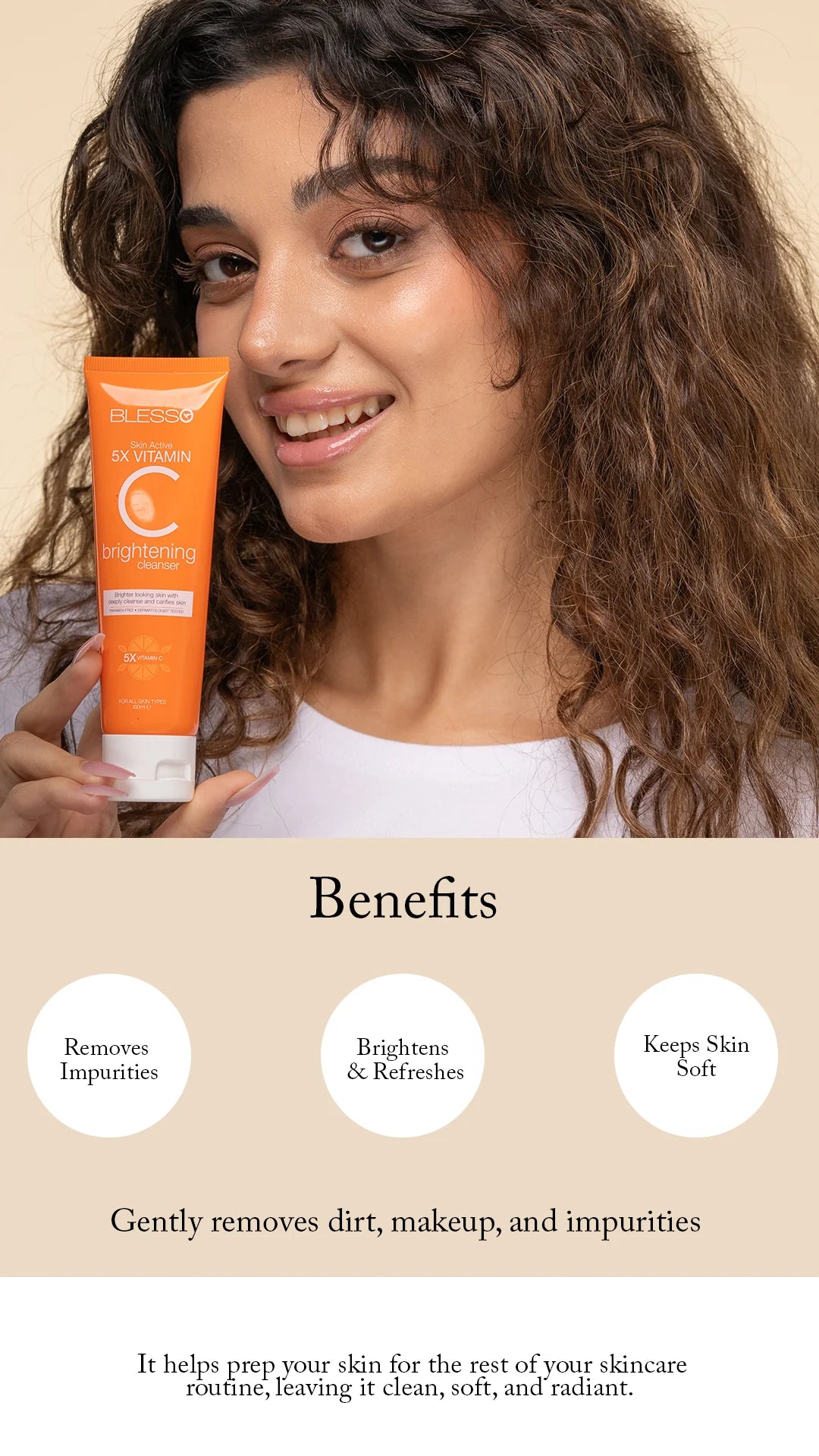 Woman holding an orange skincare Blesso product with text about its benefits on a beige background
