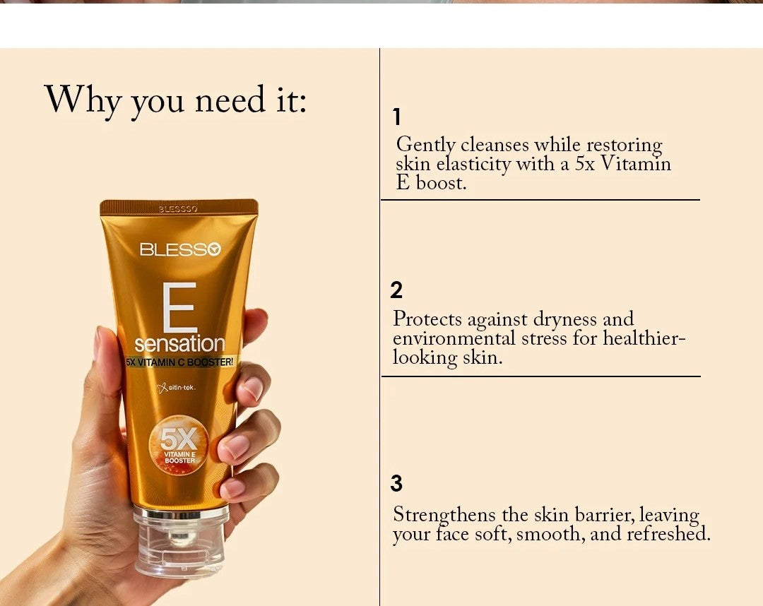 A hand holds a gold tube of Blesso E Sensation Retinol 100ml against a beige background with text explaining the benefits of using the product.