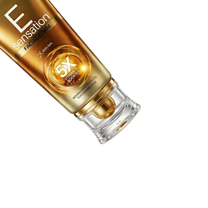 Gold facial cream bottle with 'E sensation' branding on a white background