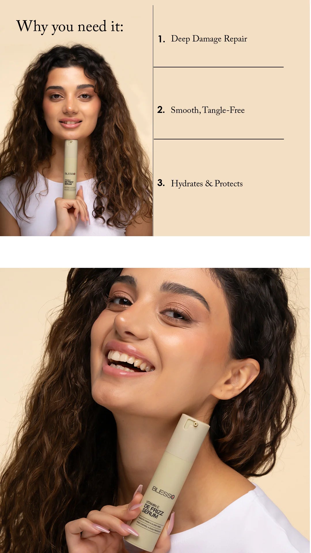 Woman holding a hair product with text on deep damage repair, smooth tangle-free, and hydration protection.