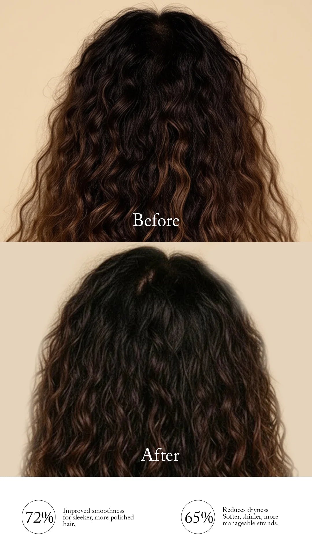 Before and after comparison of wavy hair on a beige background