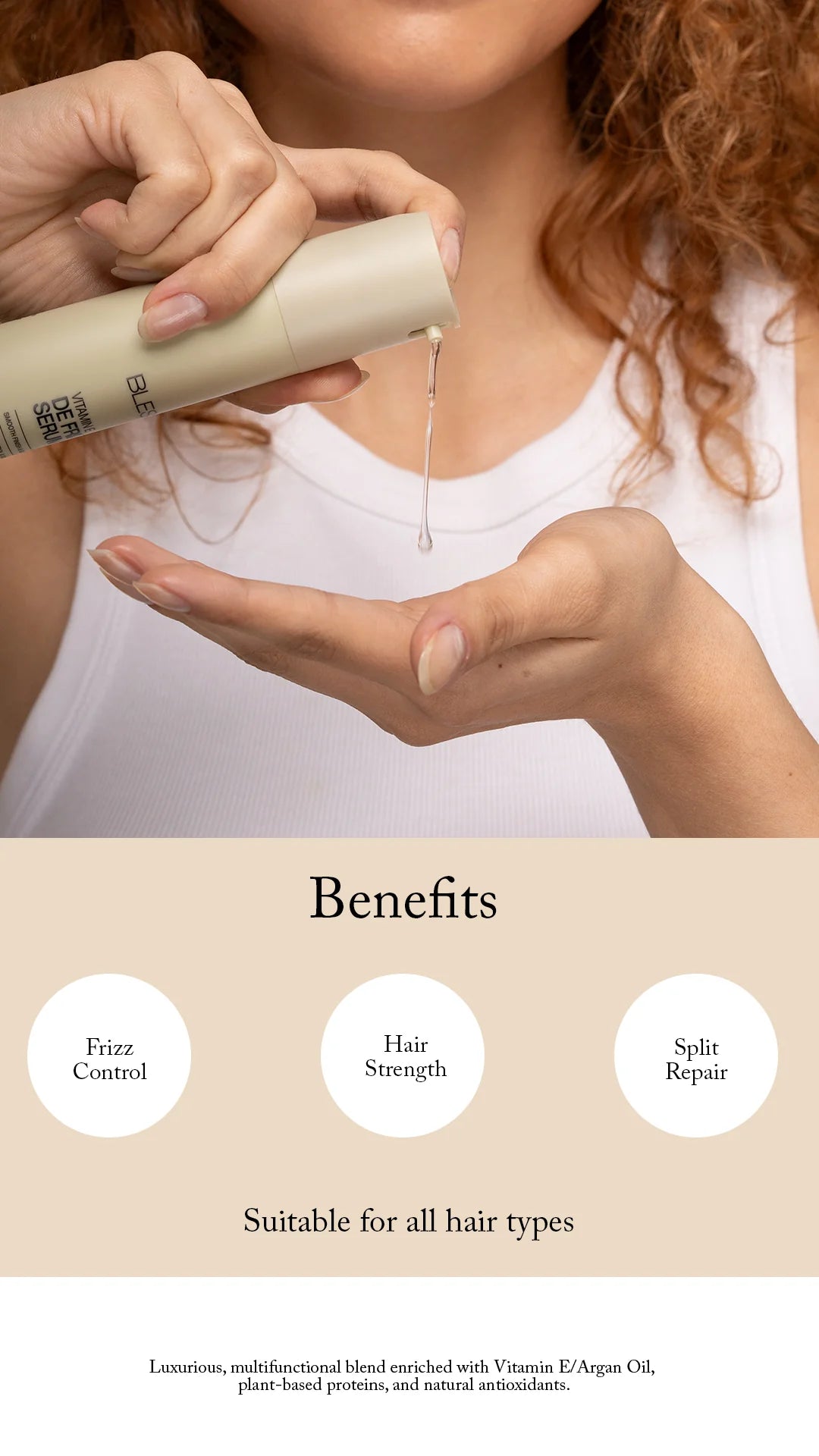 Person applying Blesso hair product to hand with text highlighting benefits on a beige background