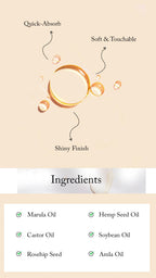 Blesso Product packaging with oil droplet illustration and ingredient list on a beige background