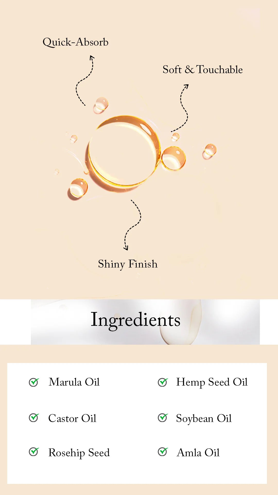 Blesso Product packaging with oil droplet illustration and ingredient list on a beige background