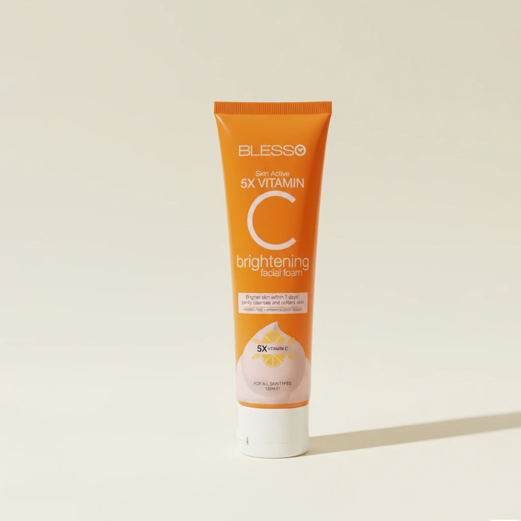 Blesso brightening facial foam tube on a beige background