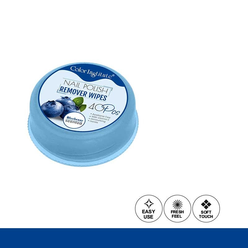 Container of nail polish remover wipes with blueberries on a white background