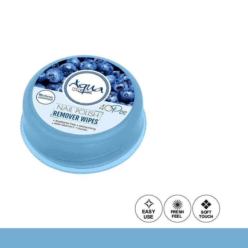 Container of nail polish remover wipes with blueberries on a white background