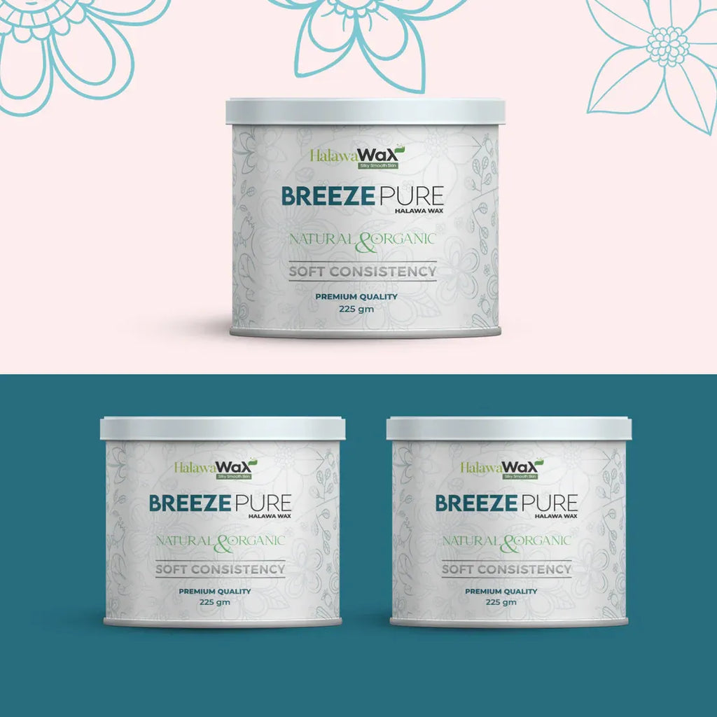 Three containers of Halawa Wax Breeze Pure on a gradient background with floral designs.