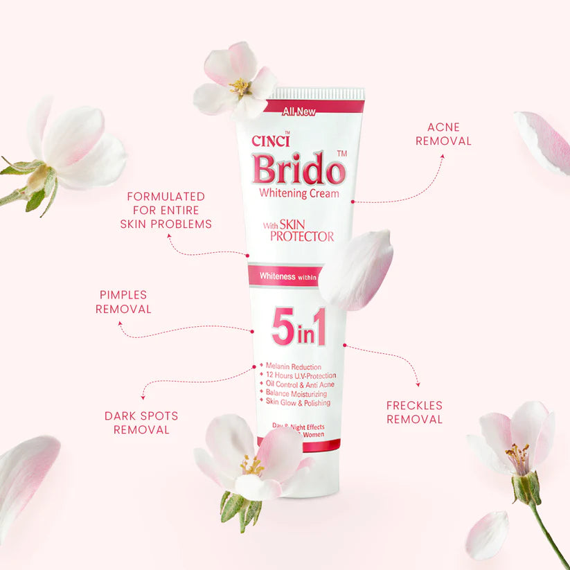 Cinci Brido Whitening Cream with skin protector on a pink background with flowers