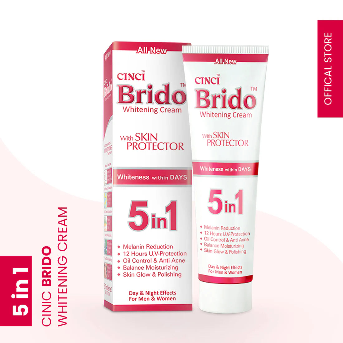 Cinci Brido Whitening Cream packaging with tube and box on a white background