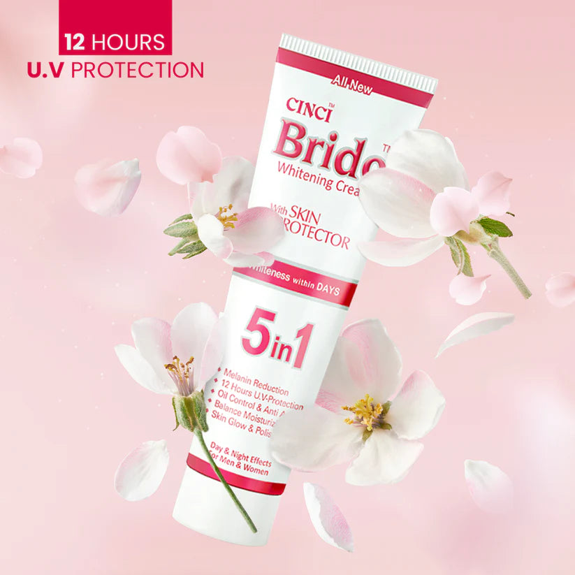 Cinci Bride whitening cream packaging with flowers on a pink background