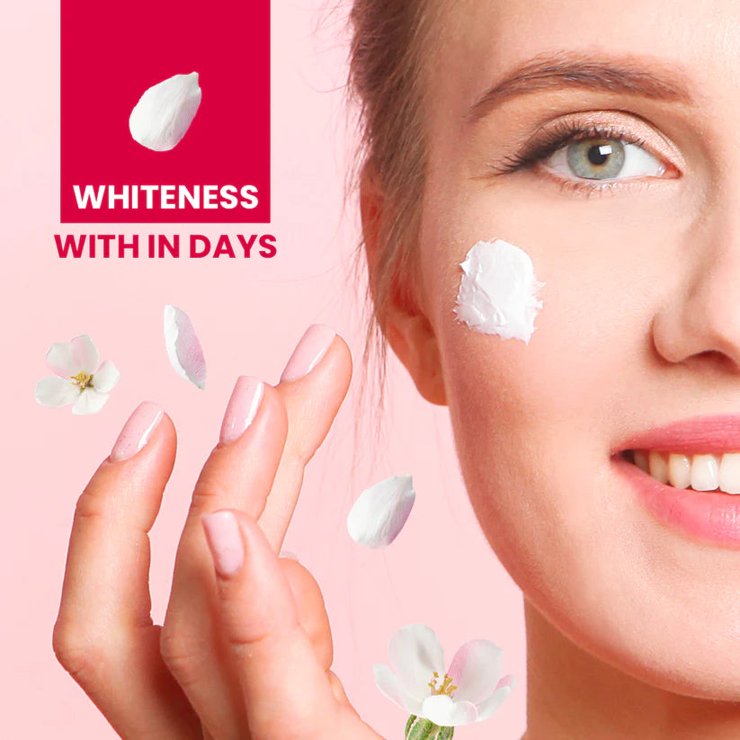 Woman applying cream to face with pink background and product branding