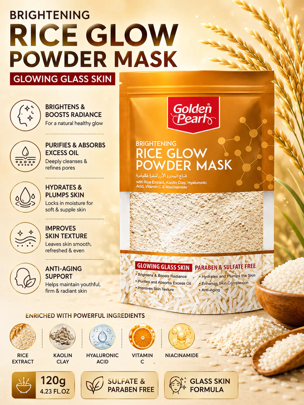 Golden Pearl Brightening Rice Glow Powder Mask packaging with ingredients and benefits listed.