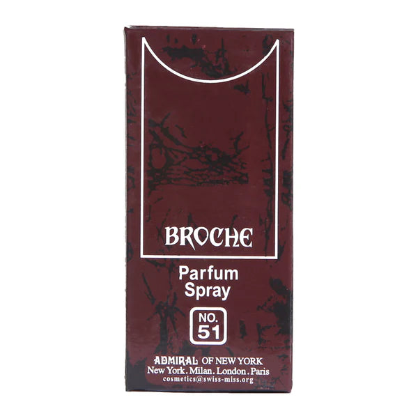 Maroon and black packaging of Broche Parfum Spray with white text on a white background