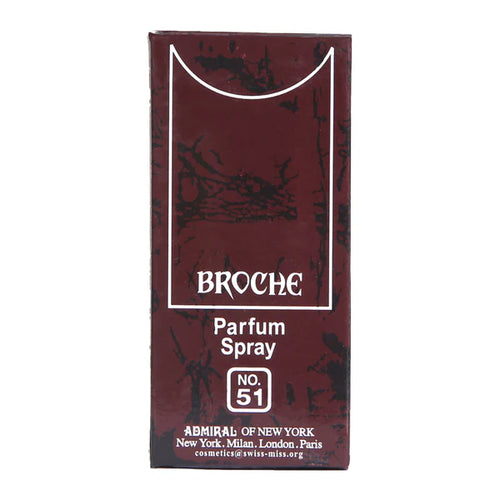 Maroon and black packaging of Broche Parfum Spray with white text on a white background