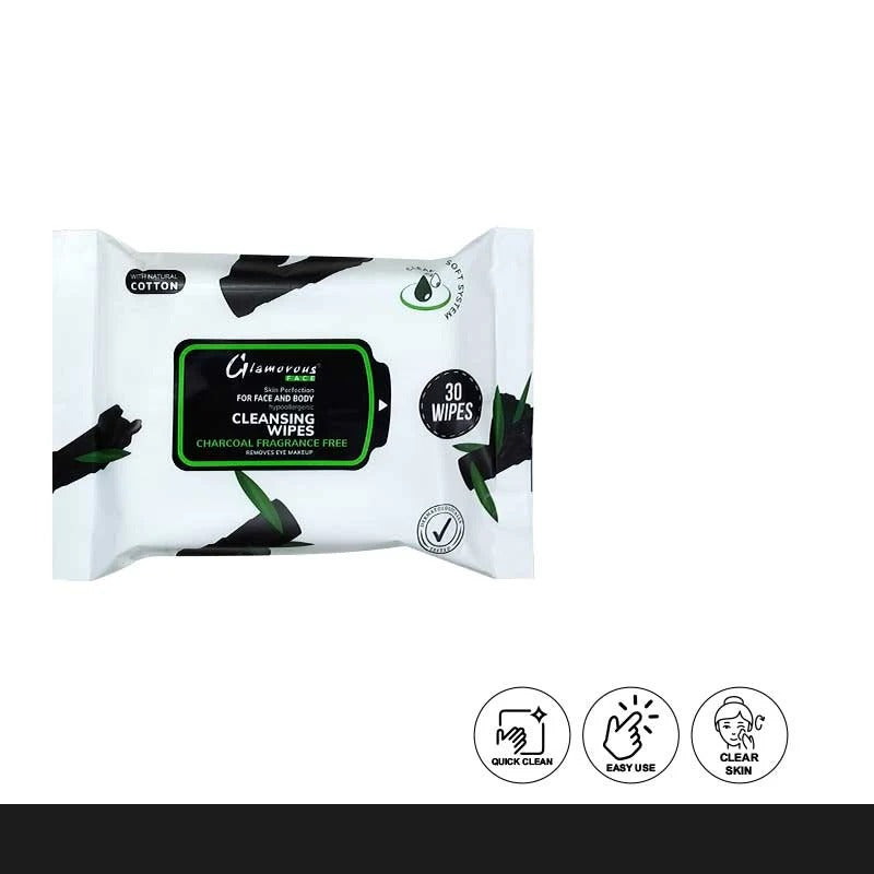 Pack of cleansing wipes with visible branding and product details on a white background