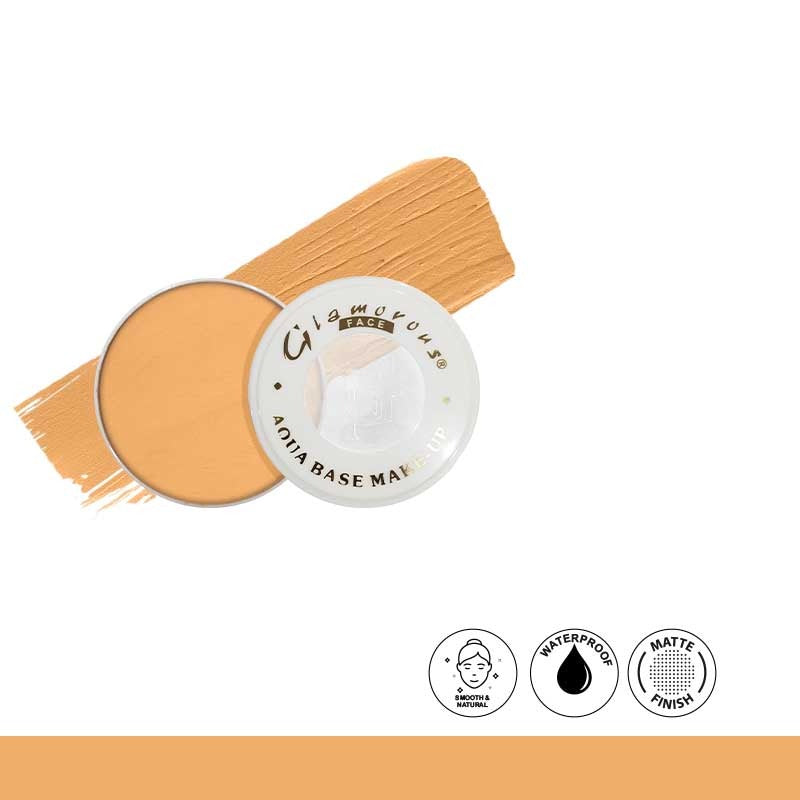 Glamorous Aqua Base Make-up with color swatch on a white background