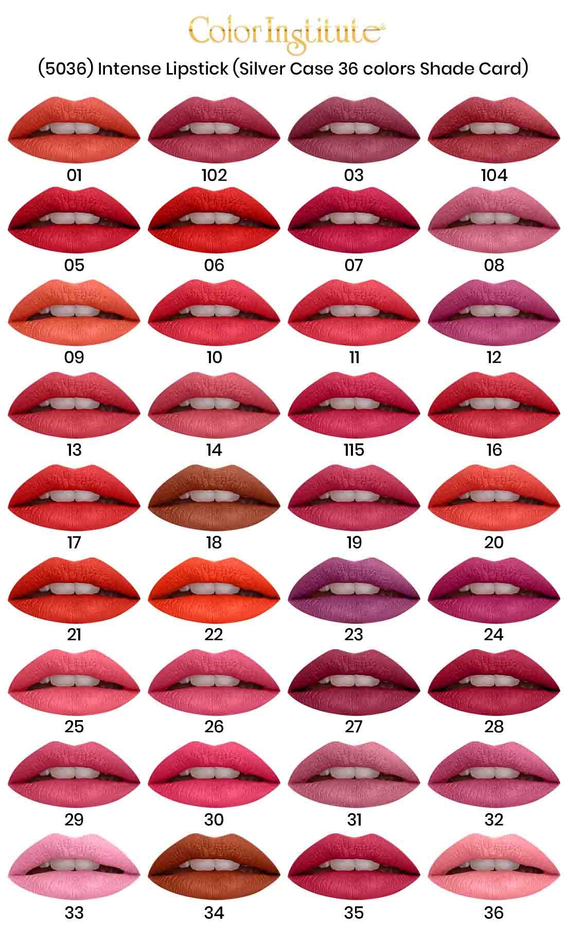 Color chart of intense lipsticks with shades displayed on lips.