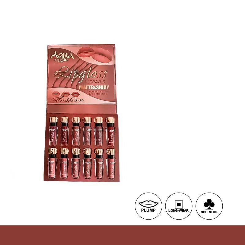 Set of lip glosses in a display case with branding on a white background