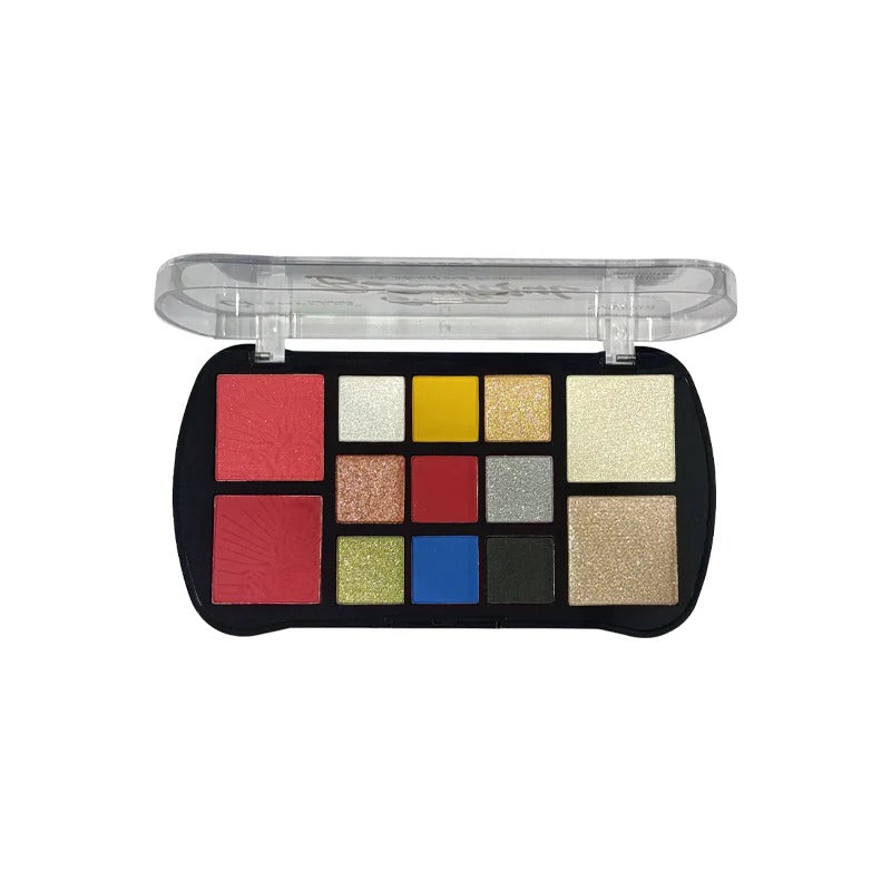 Makeup palette with various colors on a white background
