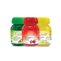 Three bottles of Caresse Easy Clean nail polish remover in green, red, and yellow on a white background.