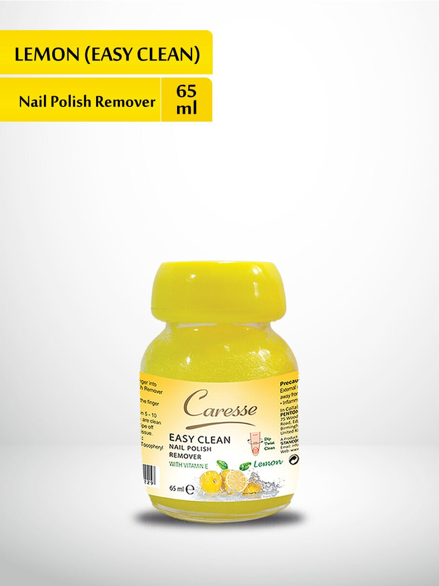 Caresse Lemon Easy Clean nail polish remover bottle on a white background