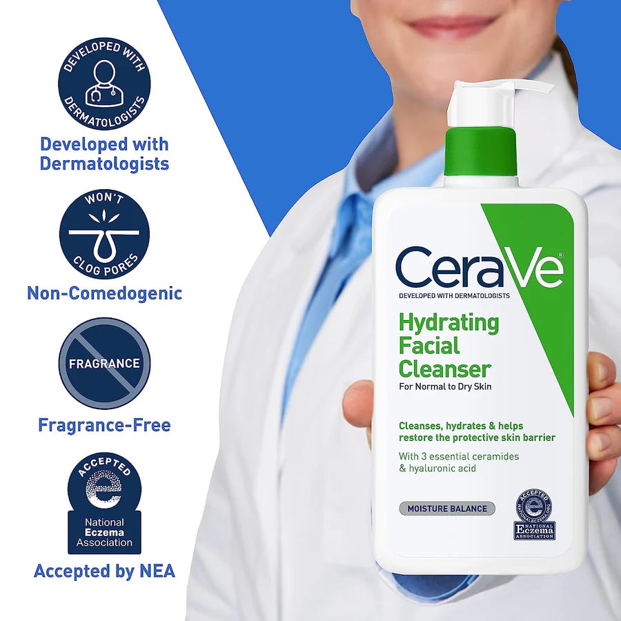 CeraVe hydrating facial cleanser held by a person with product features highlighted.