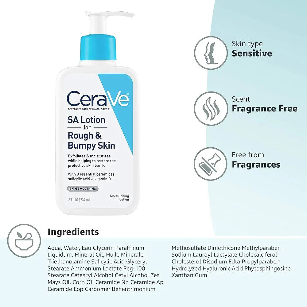 CeraVe SA Lotion for Rough & Bumpy Skin with product details on a white background