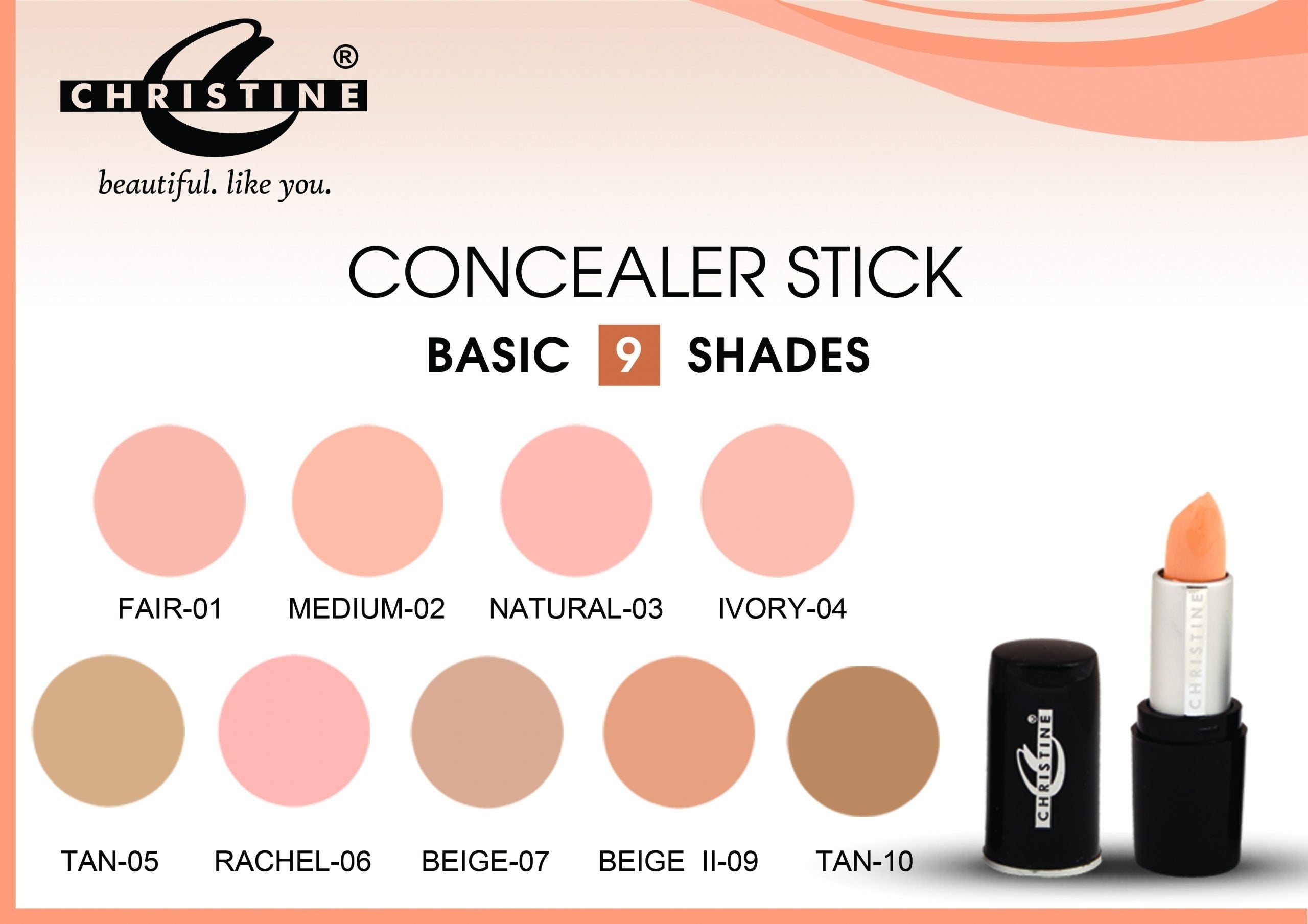 Concealer stick with color swatches and 'Christine' brand logo on a peach background