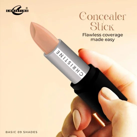 Concealer stick held by a hand with a beige background, featuring the brand 'Christine'.