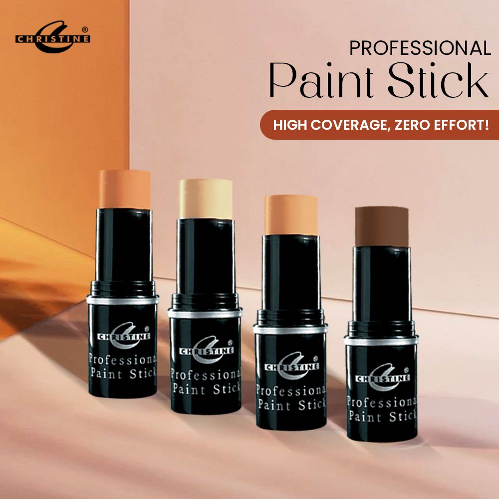Four Christine Professional Paint Sticks on a beige background with promotional text.