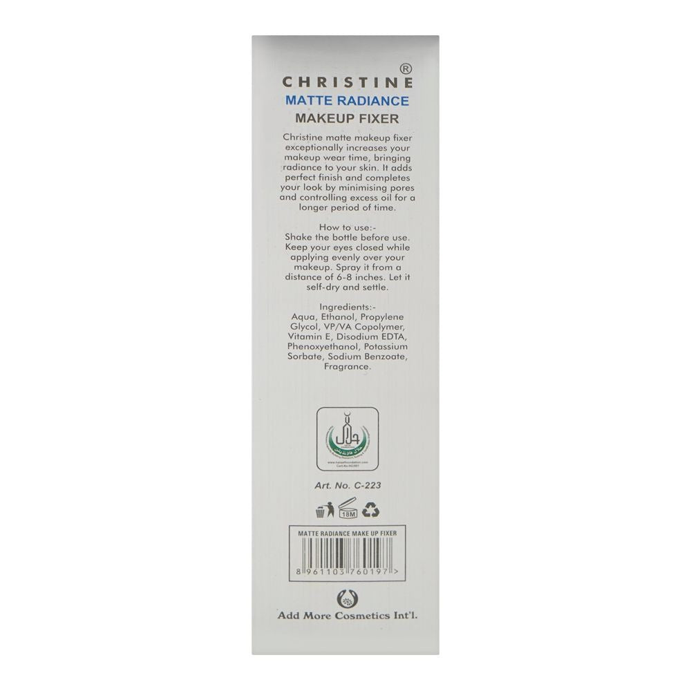 Back label of Christine Matte Radiance Makeup Fixer on a white background