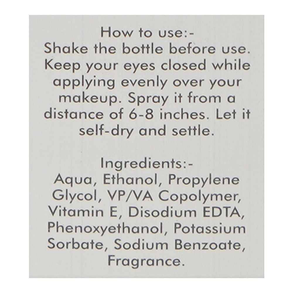 Instructions and ingredients list for Christine Seamless + Perfect Finish Matte Radiance HD Makeup Fixer, 100ml product on a gray background