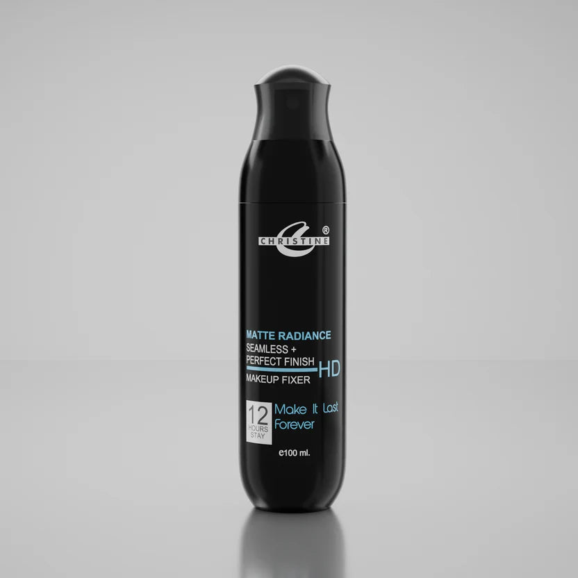 Black bottle of Christine Seamless + Perfect Finish Matte Radiance HD Makeup Fixer, 100ml