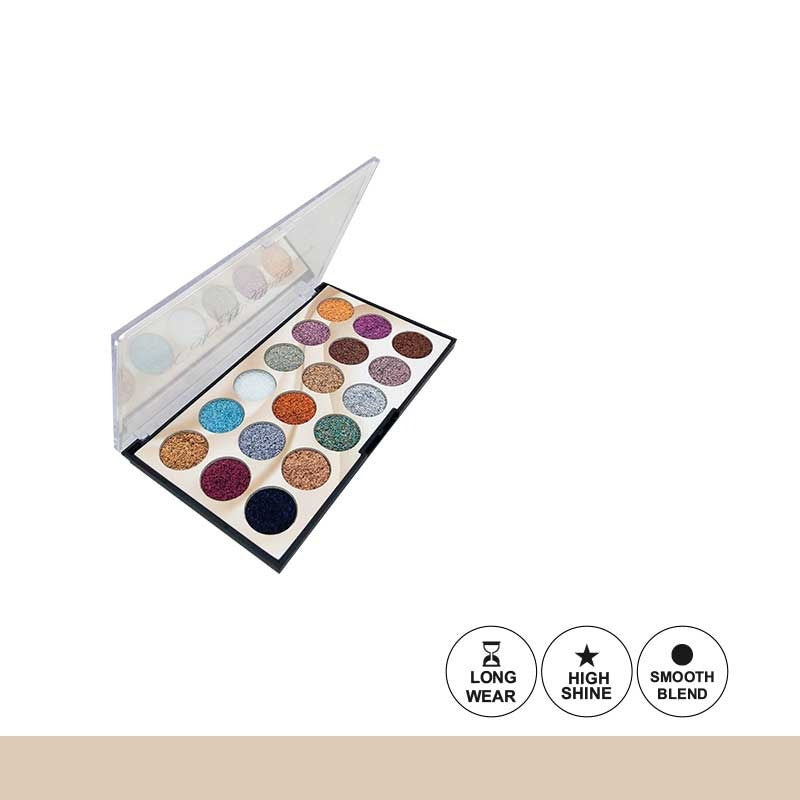 Makeup eyeshadow palette with colorful shades and brand icons on a white background