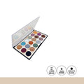 Makeup eyeshadow palette with colorful shades and brand icons on a white background